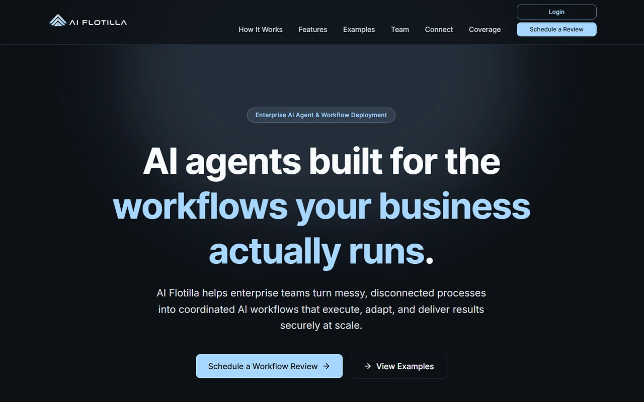 The AI Flotilla site, headlined "AI agents built for the workflows your business actually runs."