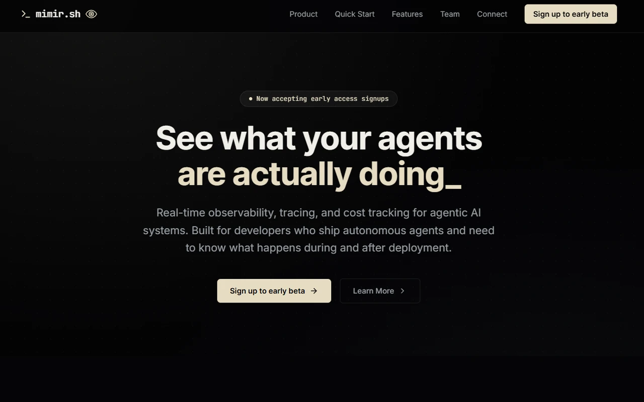 The Mimir site, headlined "See what your agents are actually doing."